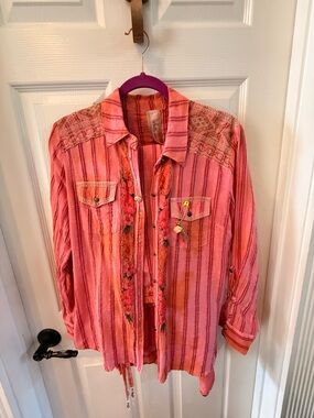 Aratta Venus Pink Striped Embroidered Button-Up Shirt and pant set